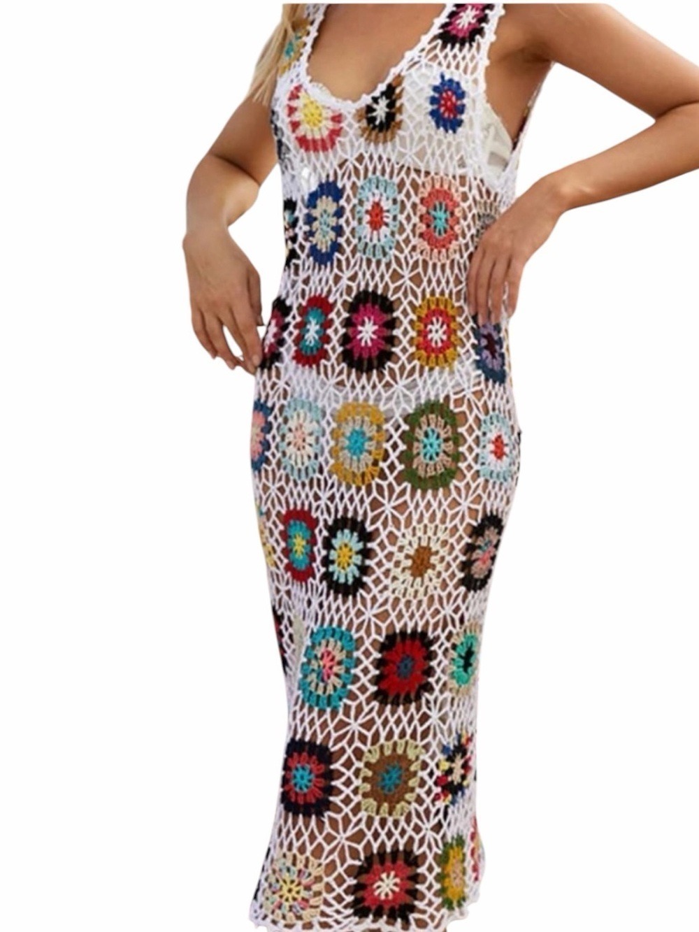 Granny Square Crocheted Maxi Dress Beach Cover Up Festival Boho Chic Size Small